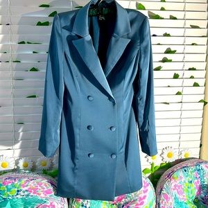 Adelyn Rae long, double breasted satiny feel teal jacket or lightweight coat